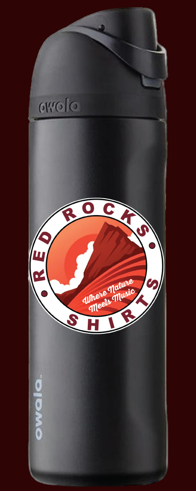 Black water bottle with Red Rocks Shirts logo on a white background